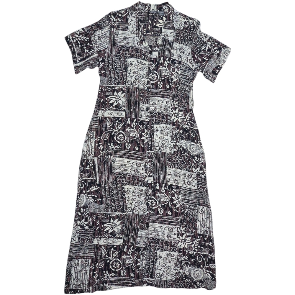 Endless Options Dress Sz L Brown Red Cream Button Front Short Sleeve V-Neck Midi